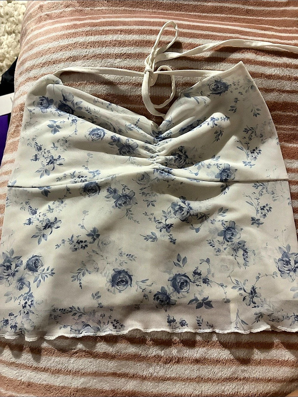 Floral Ruched Crop Top in White & Blue
